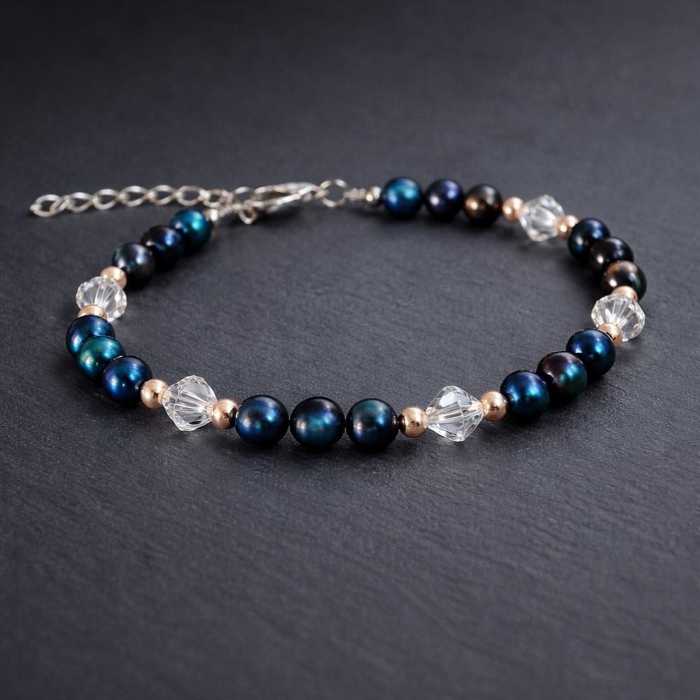 Classic Peacock / Iris Pearl & Austrian Crystal Artisan Mixed Metal Bracelet